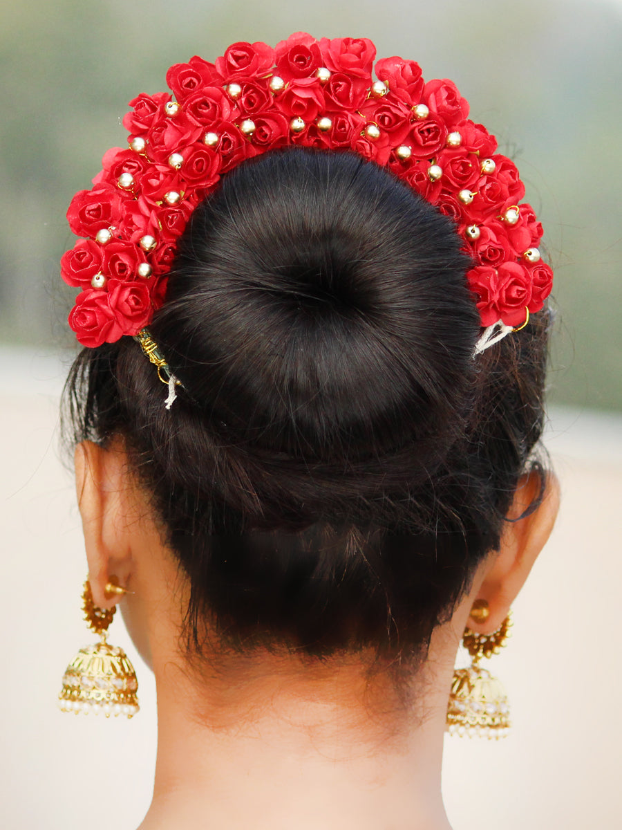 Henna Artificial Flowers Hair Bun Bridal Gajra-Red