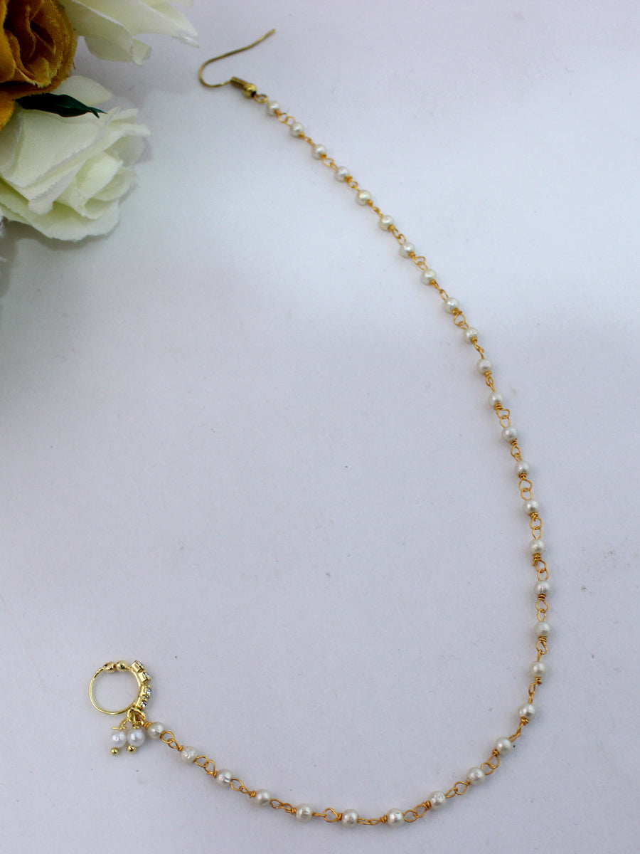 Falak Nose Ring With Pearl Chain-White
