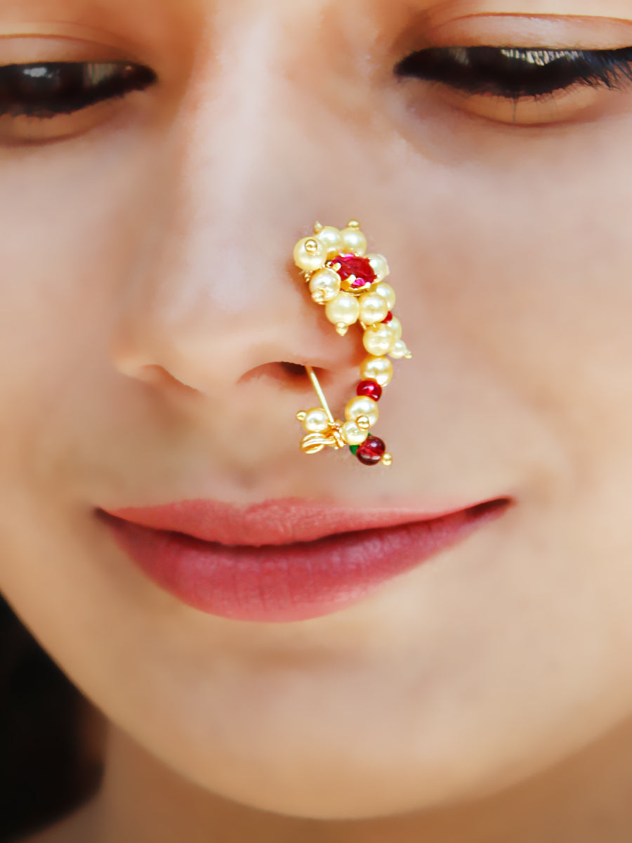 Buy Style fashionable Gold Plated Moti Nosepin, Nath, Without Piercing  Marathi Nose Pin For Women Online - OnMartIndia
