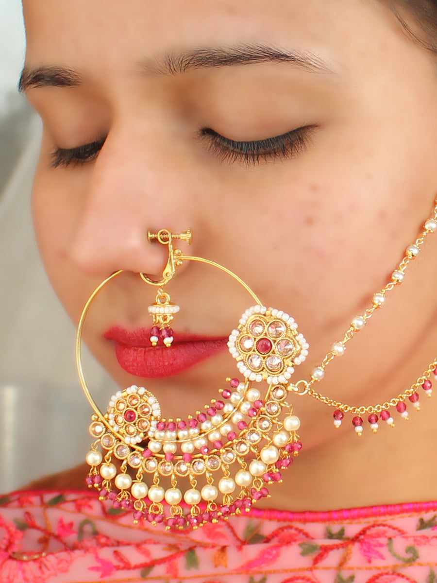 Buy online Gold Plated White & Red Pearl Beaded Meenakari Chained Nose Ring  from fashion jewellery for Women by Silvermerc Designs for ₹1259 at 68% off  | 2024 Limeroad.com