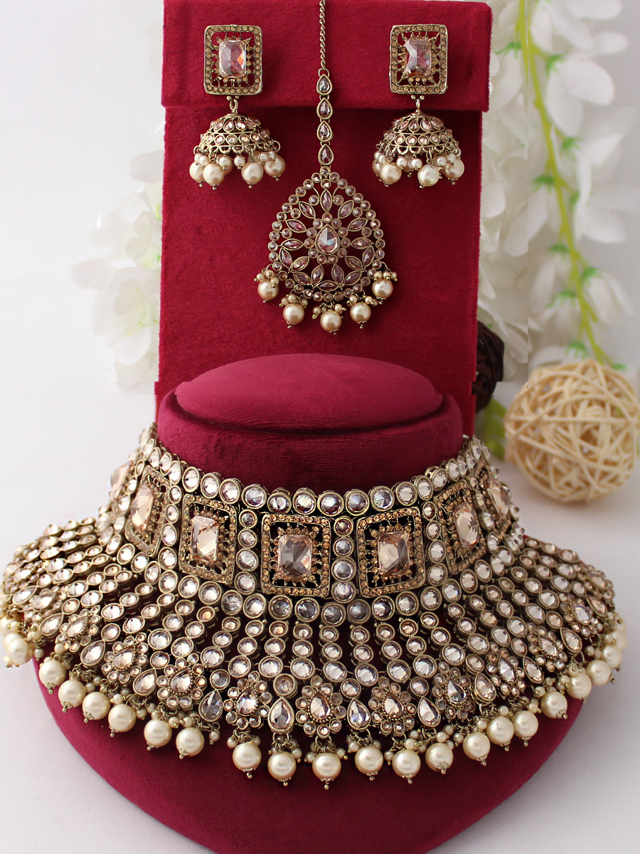 Ashna Necklace Earrings Tikka Set-Golden