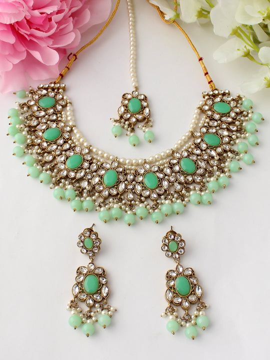 Garima Necklace Set (White) - Mint Green