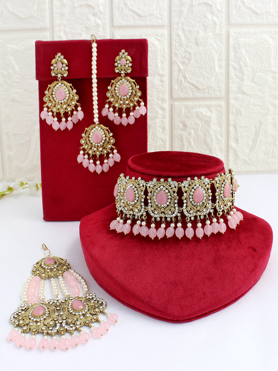 Adhira Choker Necklace Set-Pastel Pink