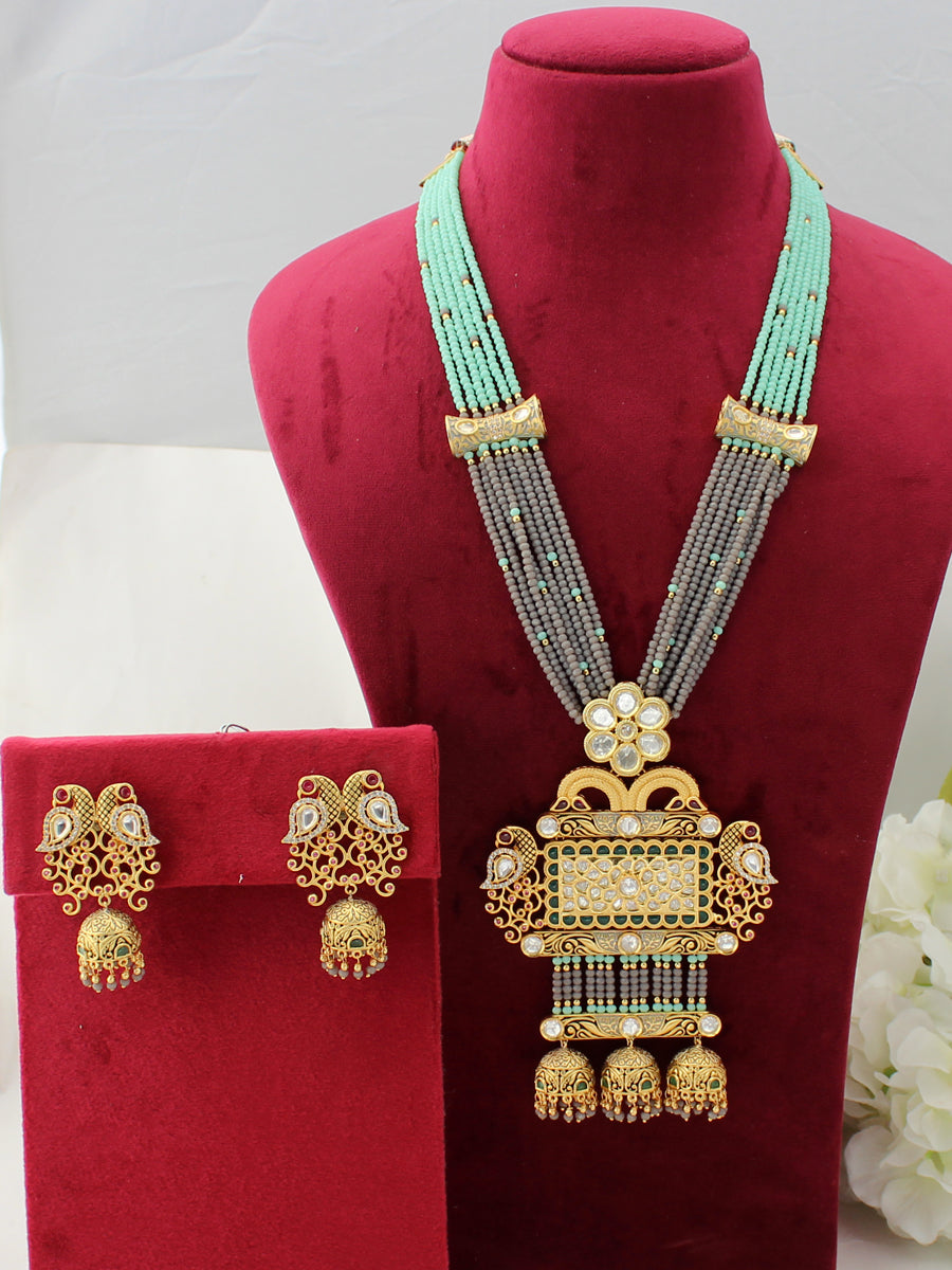 Indore Long Necklace Set - Mint Green