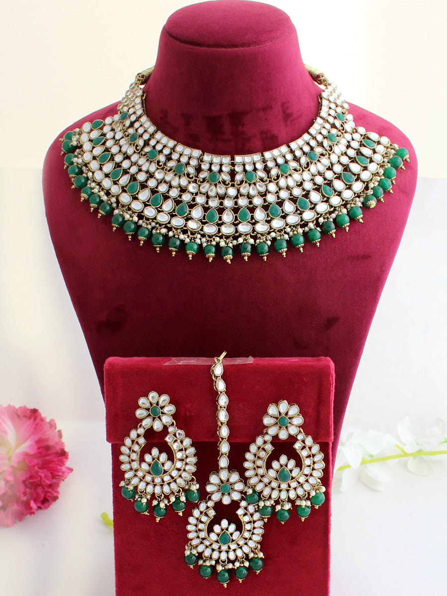 Aparna Necklace Set (White)-Green