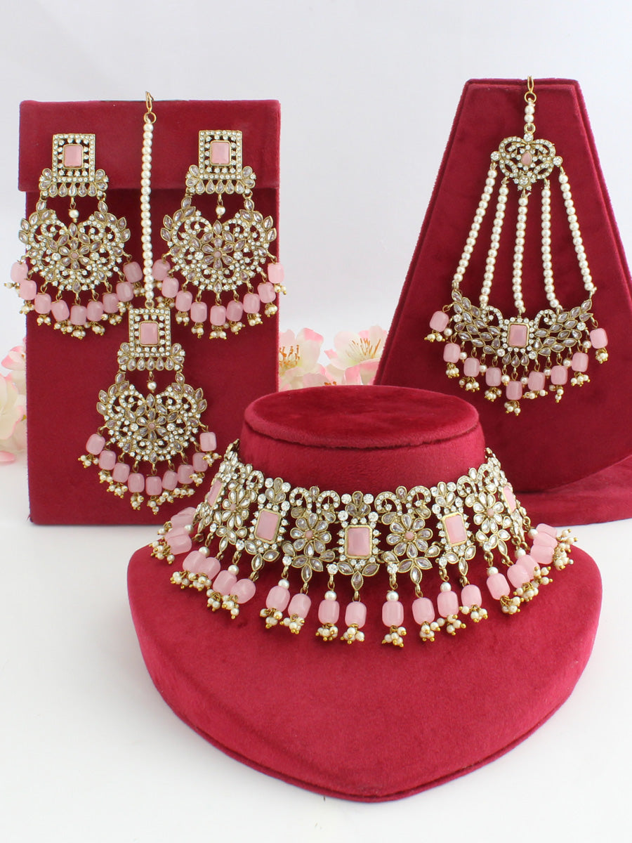 Ziba Necklace Set (White)-Pastel Pink
