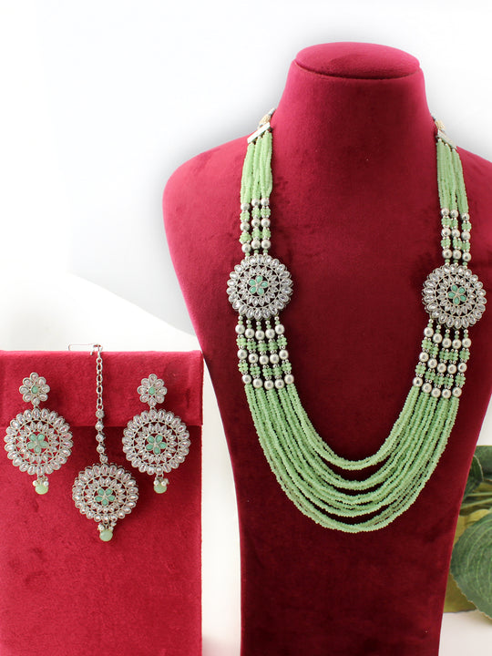 Mihika Layered Necklace Set (Silver)Mint green