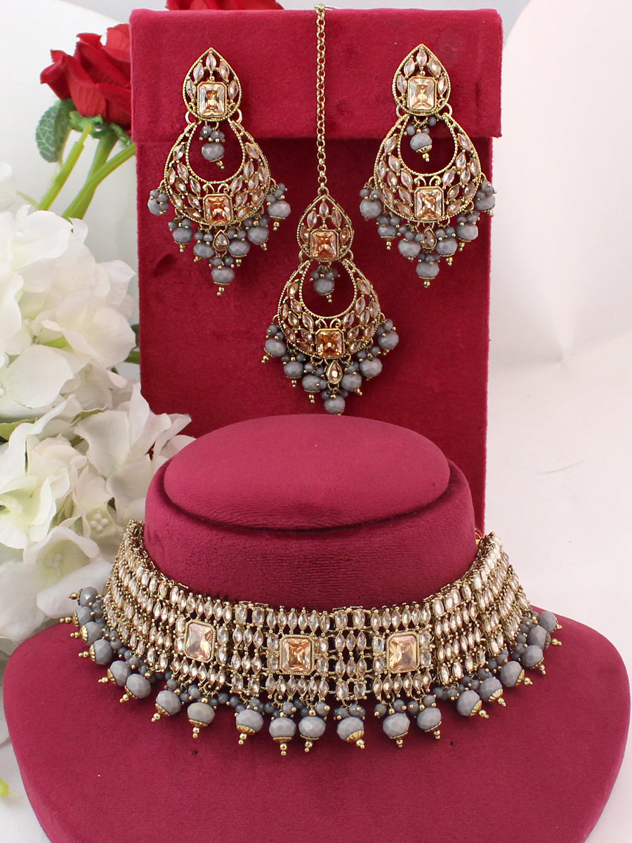 Nishita Necklace Set-Grey