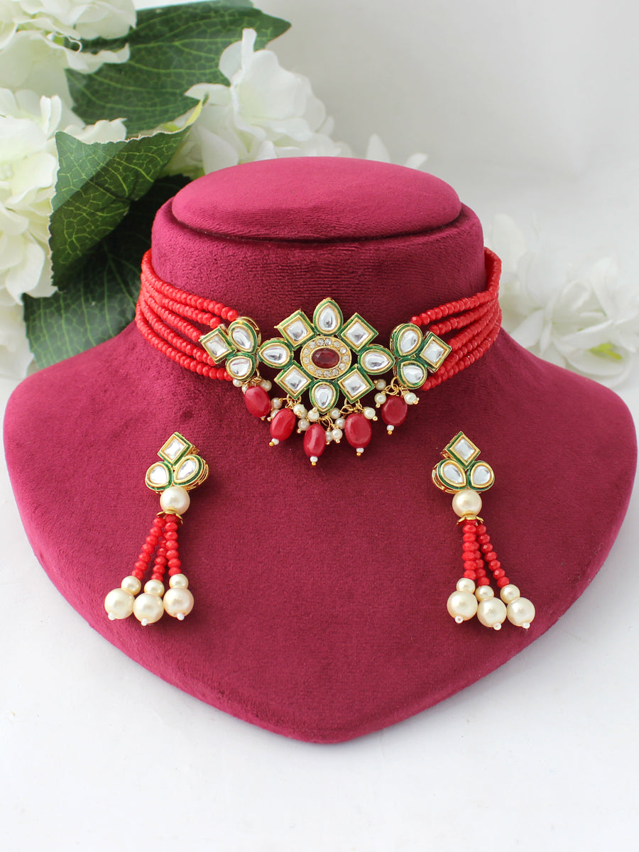 Sayma Necklace Set-Red