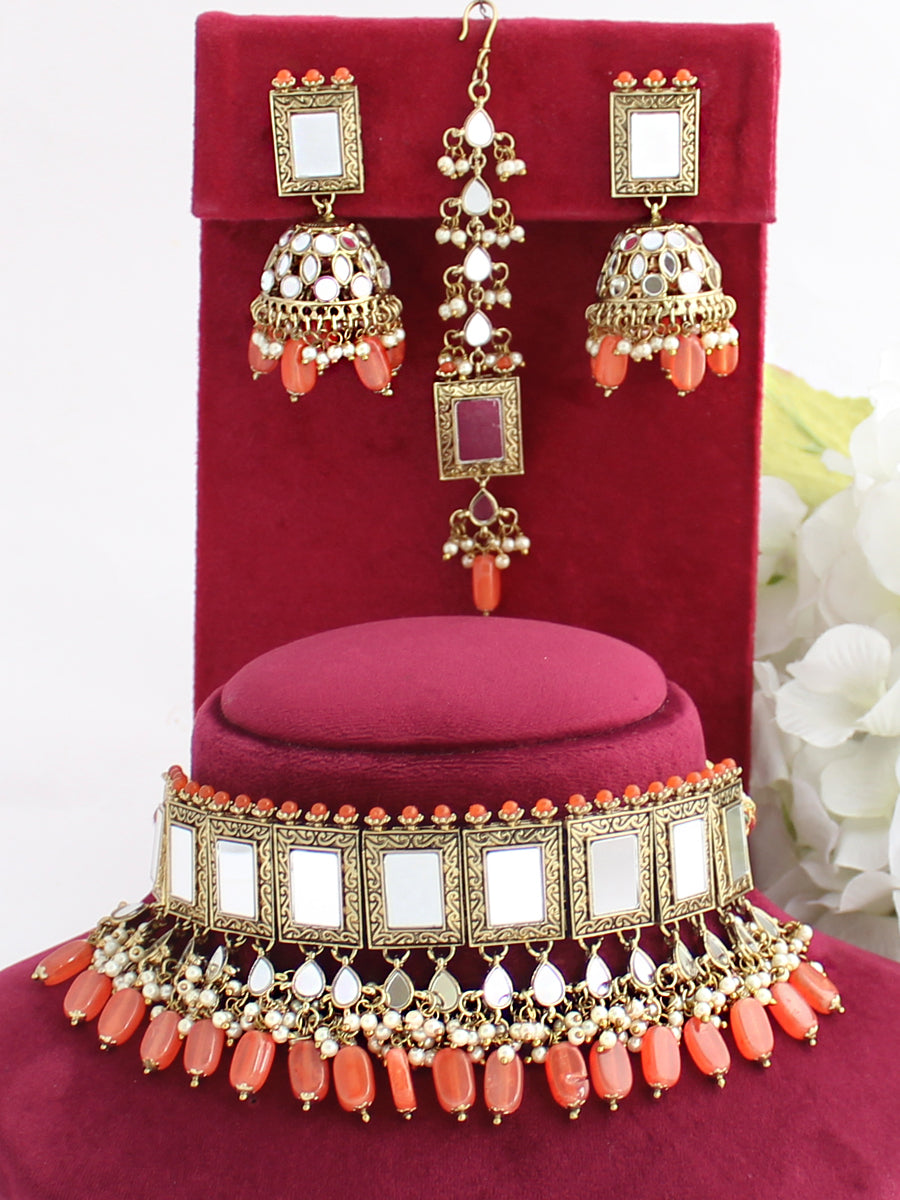 Kareena Necklace Set-Orange