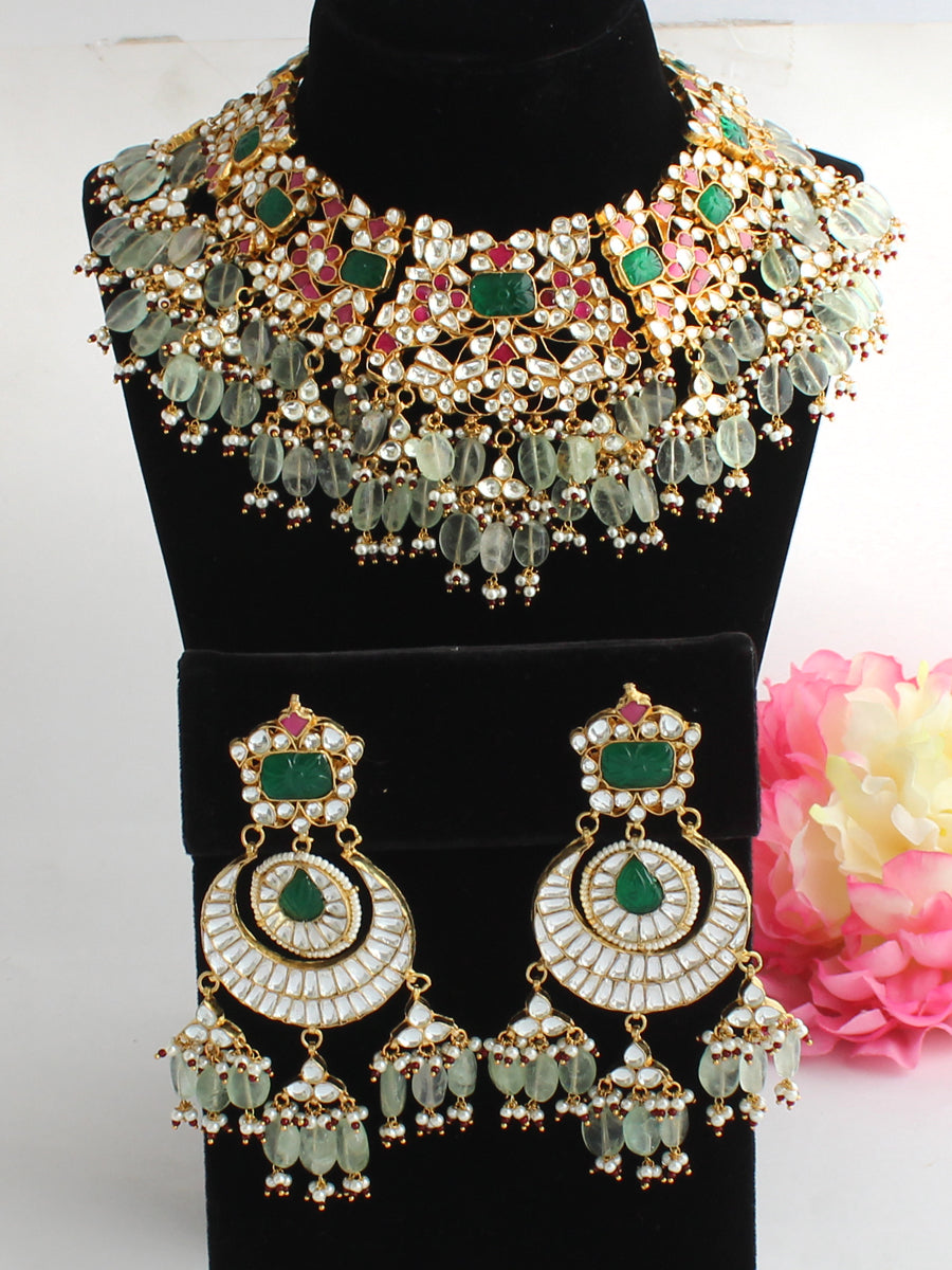 Pushkar Bib Necklace Set-Pink / Green