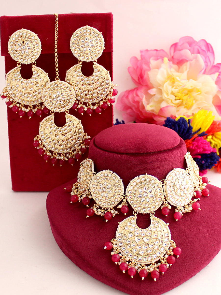 Aadhya Necklace Set-Hot pink