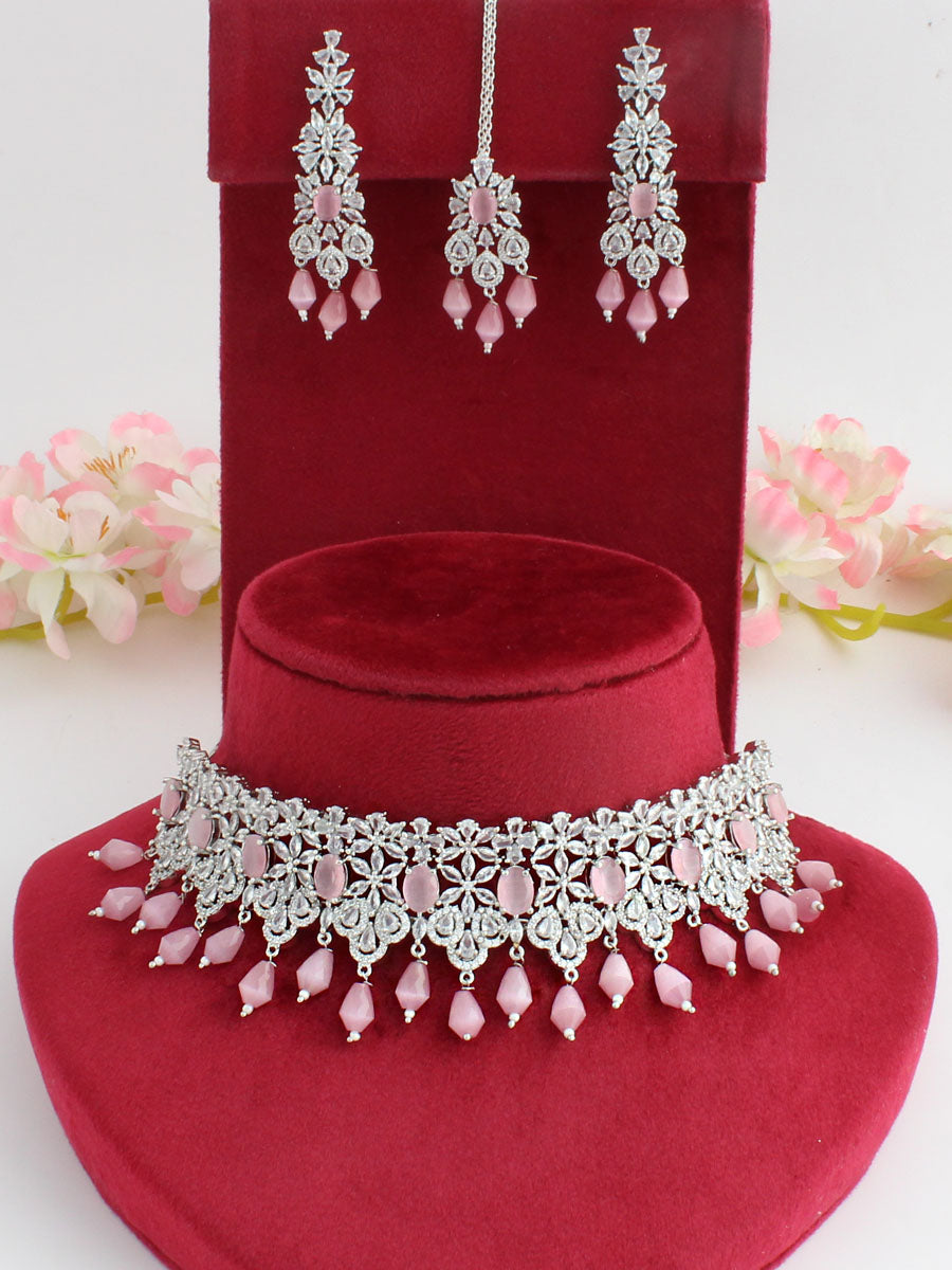 Singapore Necklace Set-Silver/Pastel Pink