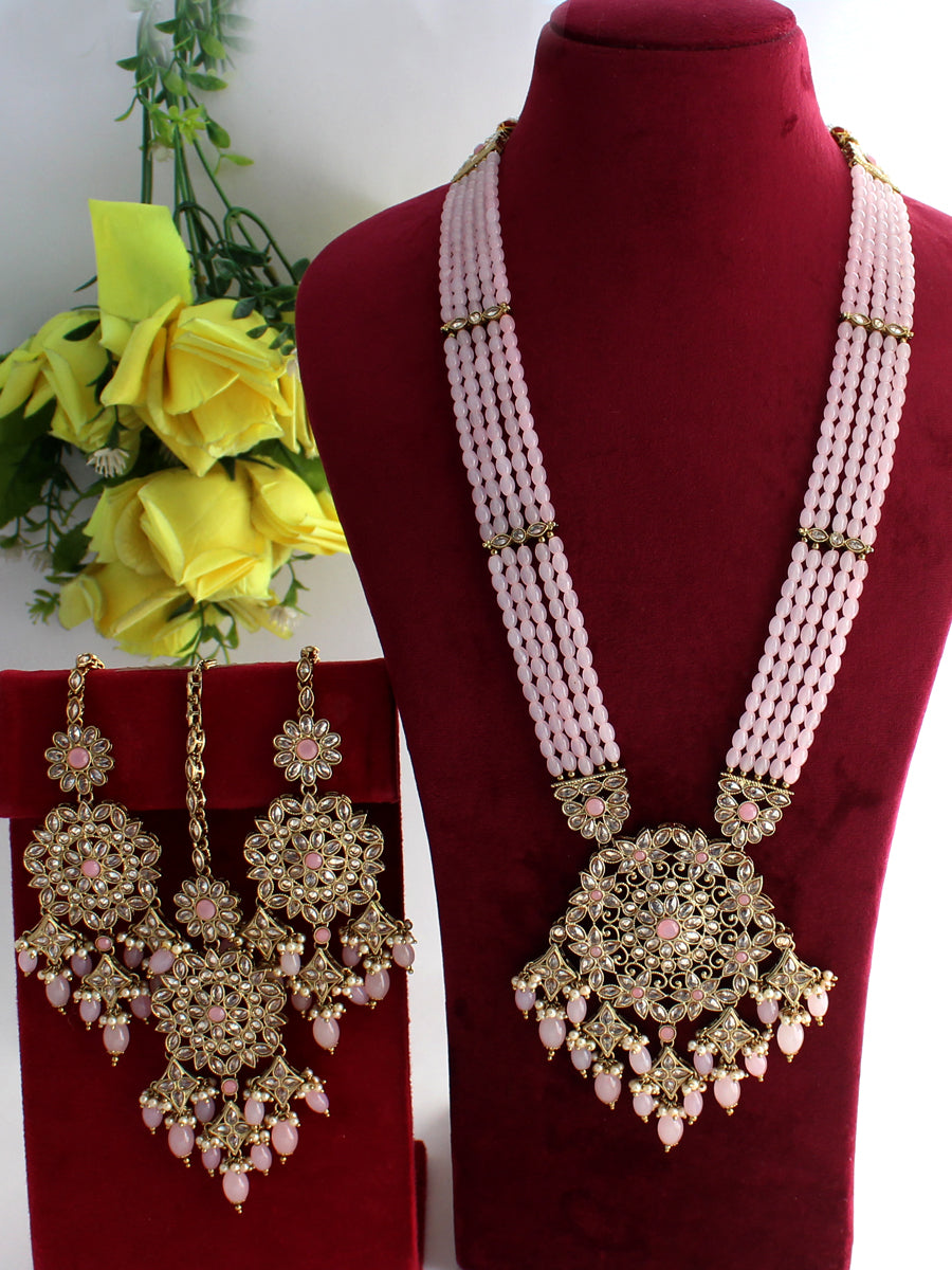 Aakriti Long Necklace Set-Golden/ Pastel pink