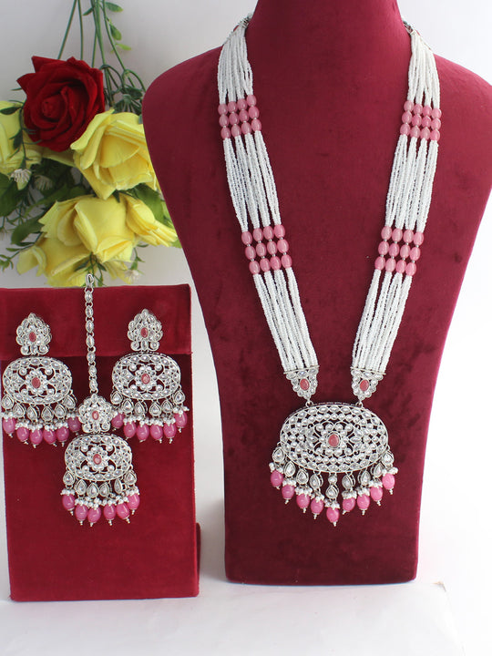 Falak Long Necklace Set-Silver/Pink