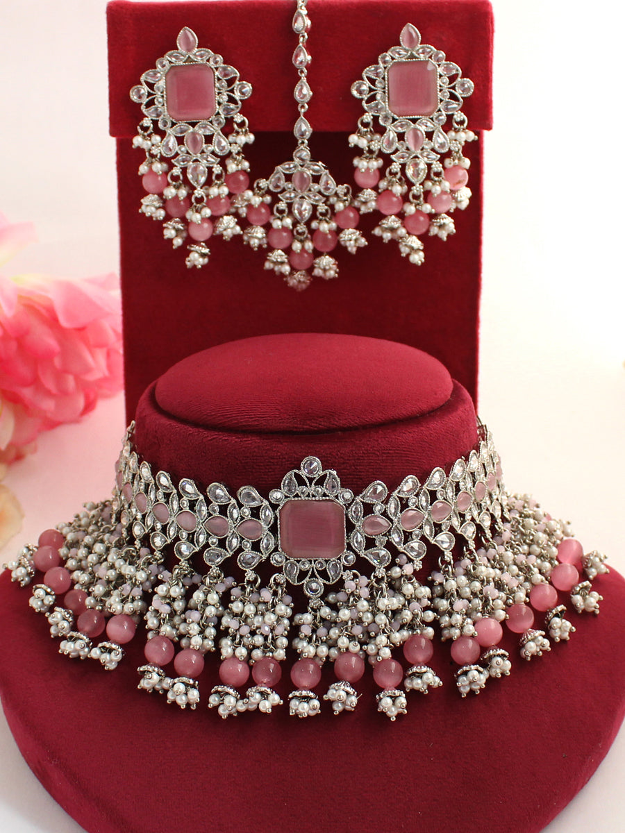 Apeksha Necklace Set-Pastel Pink