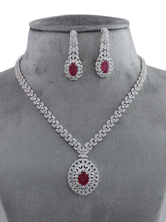 Liza Necklace Set-Silver/ Ruby Pink