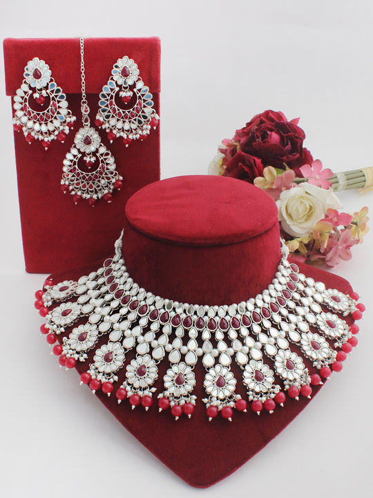 Ziya Necklace Set-(Silver)-Red
