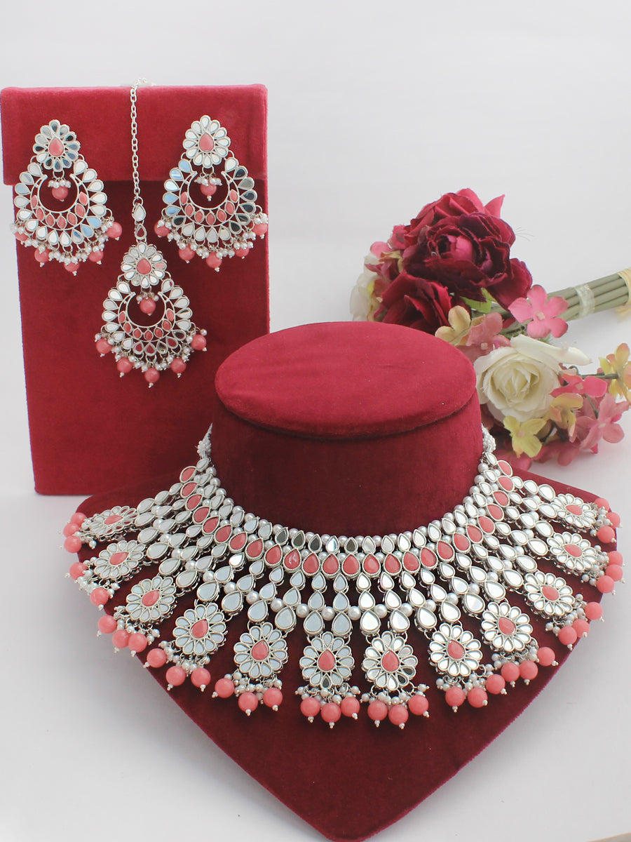 Ziya Necklace Set-(Silver)-Pink