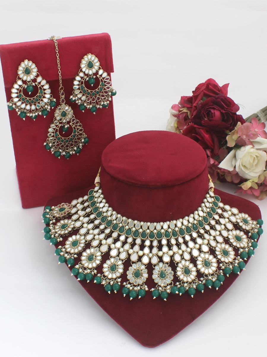 Ziya Necklace Set-(Golden)Green