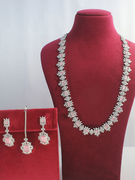 Tanisha Cz Long Necklace Set - Silver/Pastel Pink