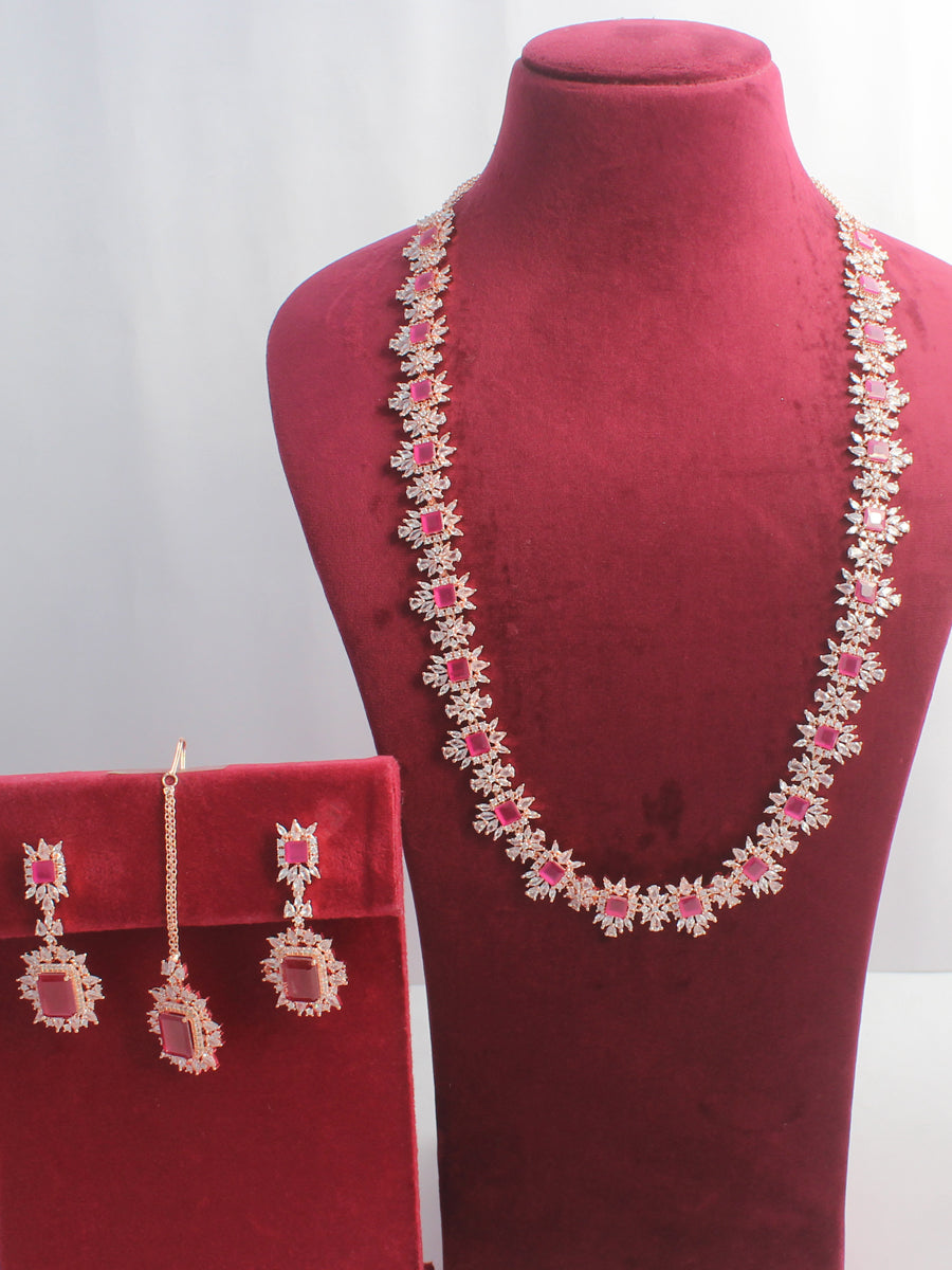 Tanisha Cz Long Necklace Set - Rose Gold / Ruby