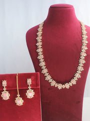 Tanisha Cz Long Necklace Set - Golden / Pastel Pink