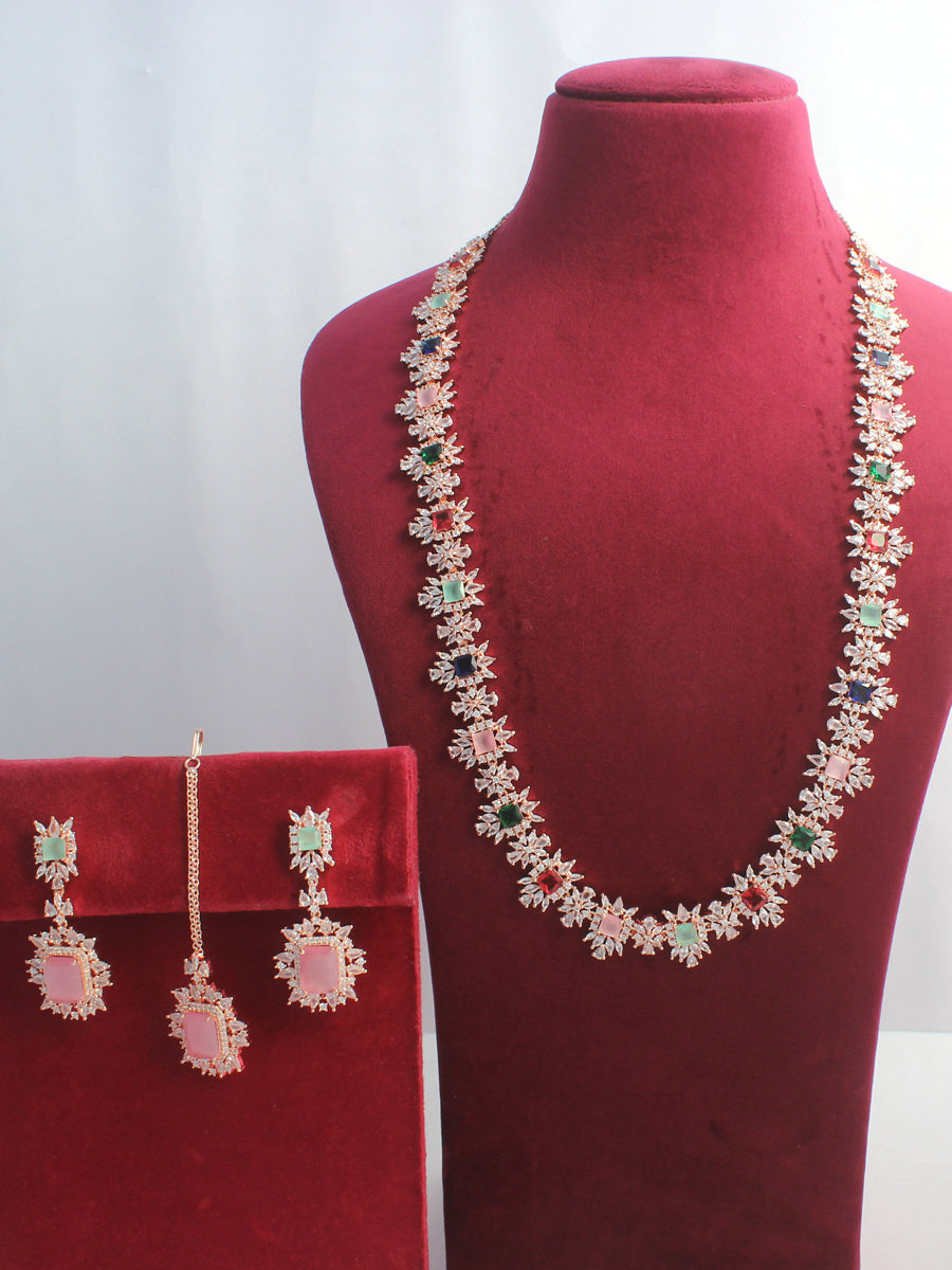Tanisha Cz Long Necklace Set - Rose Gold / Multicolor