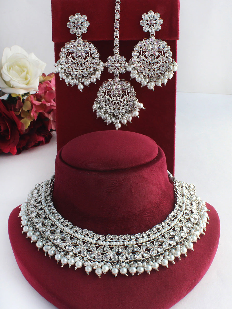 Mansi Long Necklace Set-Silver