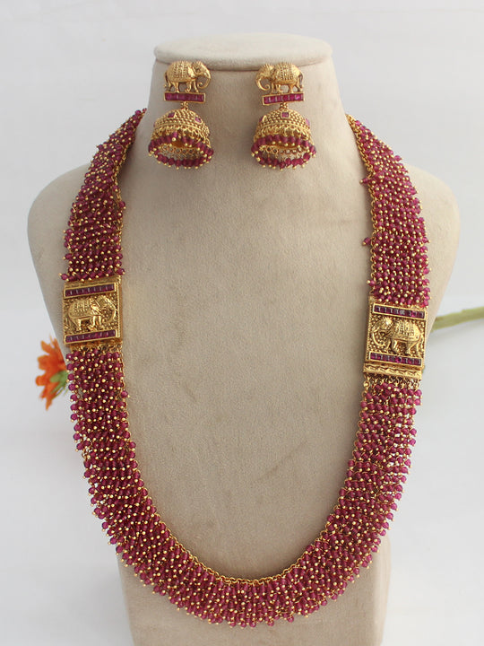 Jaya Long Necklace Set-Ruby Pink