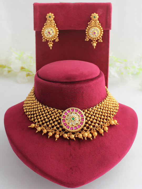 Aradhana Choker Necklace Set-Hot Pink 