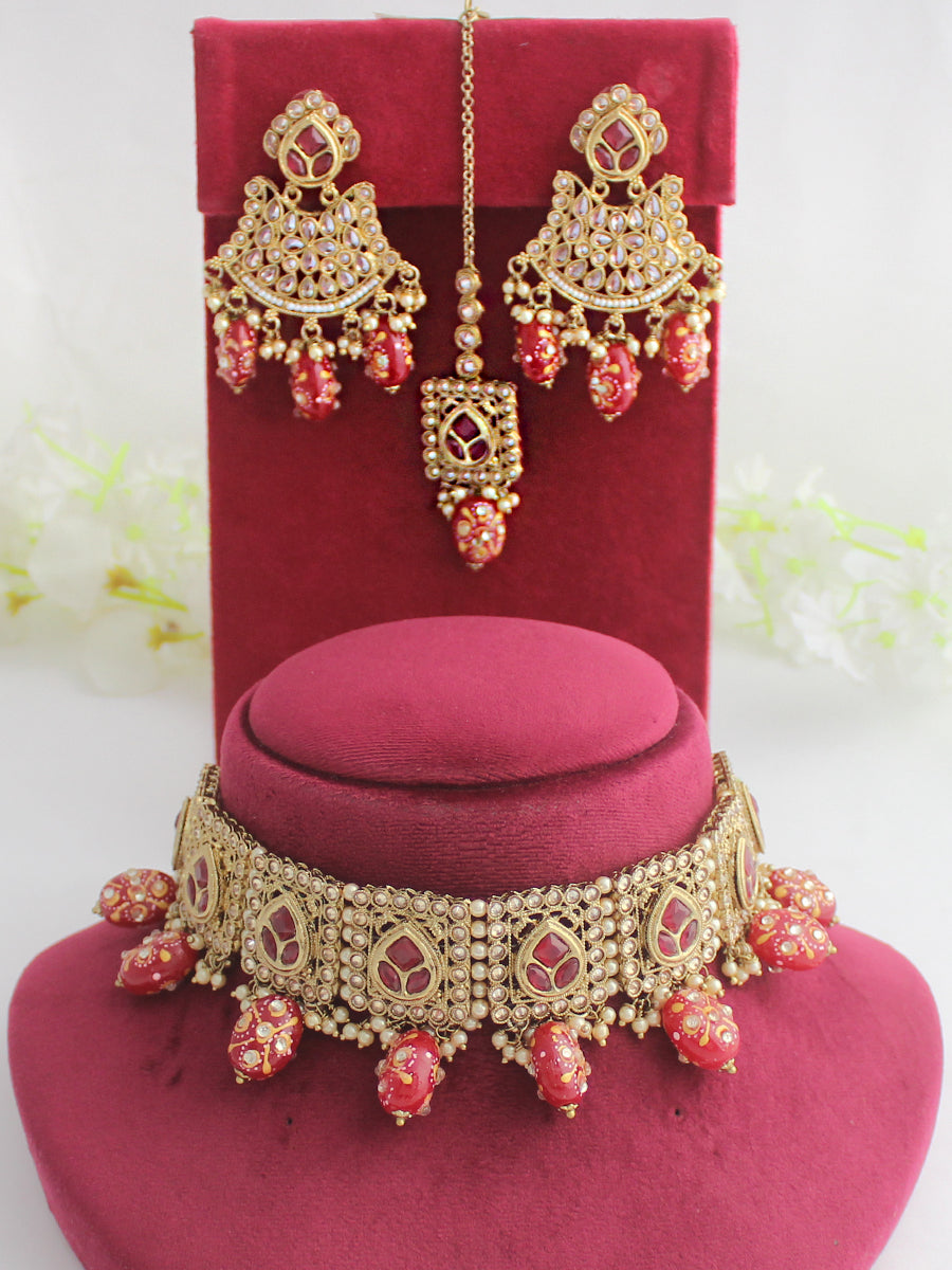 Shiveena Choker Necklace Set-Maroon