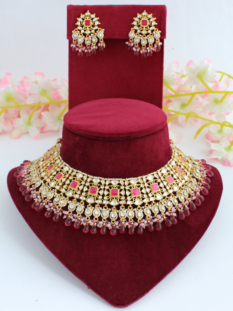 Ridhima Necklace Set-Hot Pink 