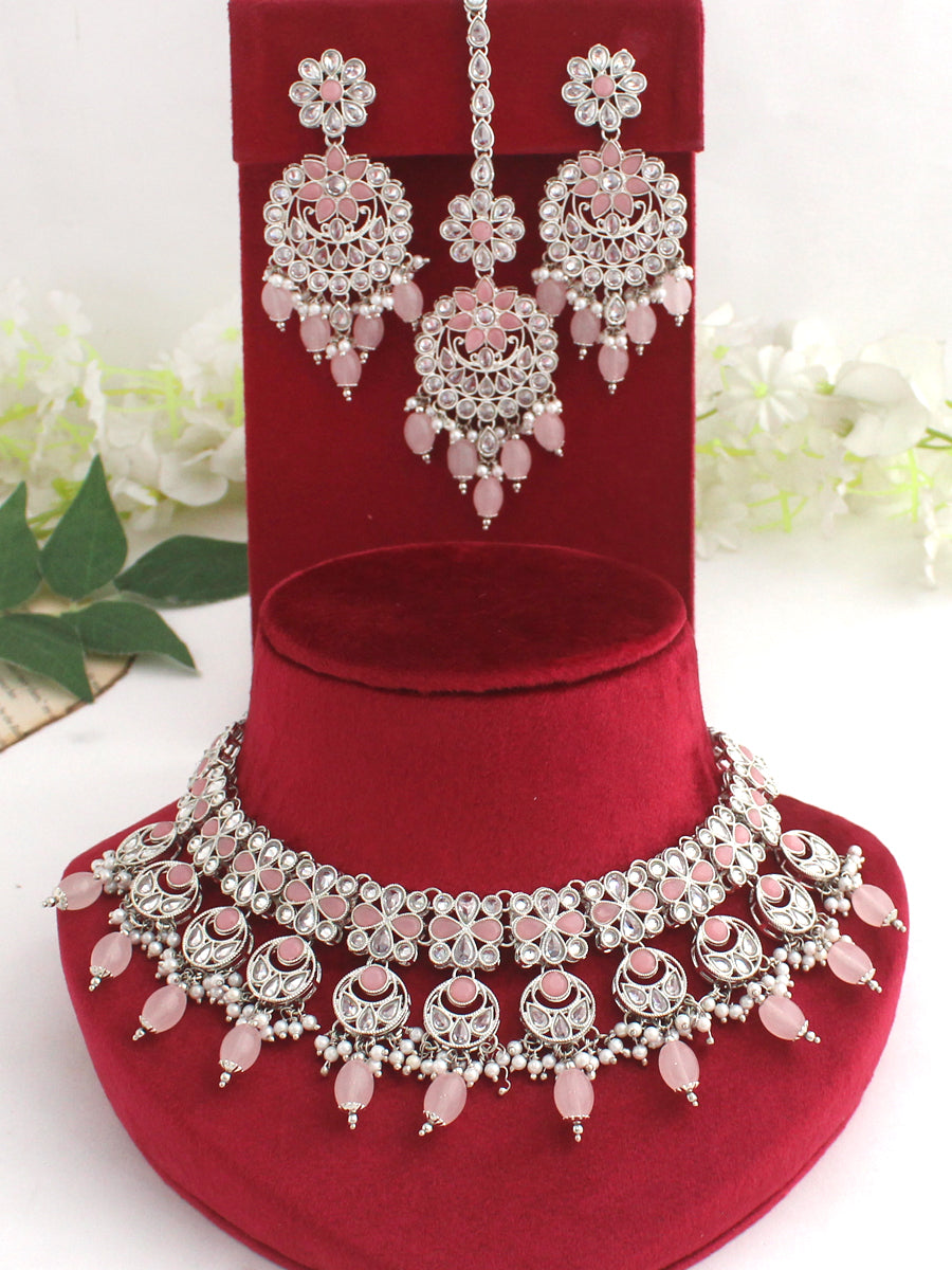 Devyanshi Necklace Set-Silver/pastel Pink