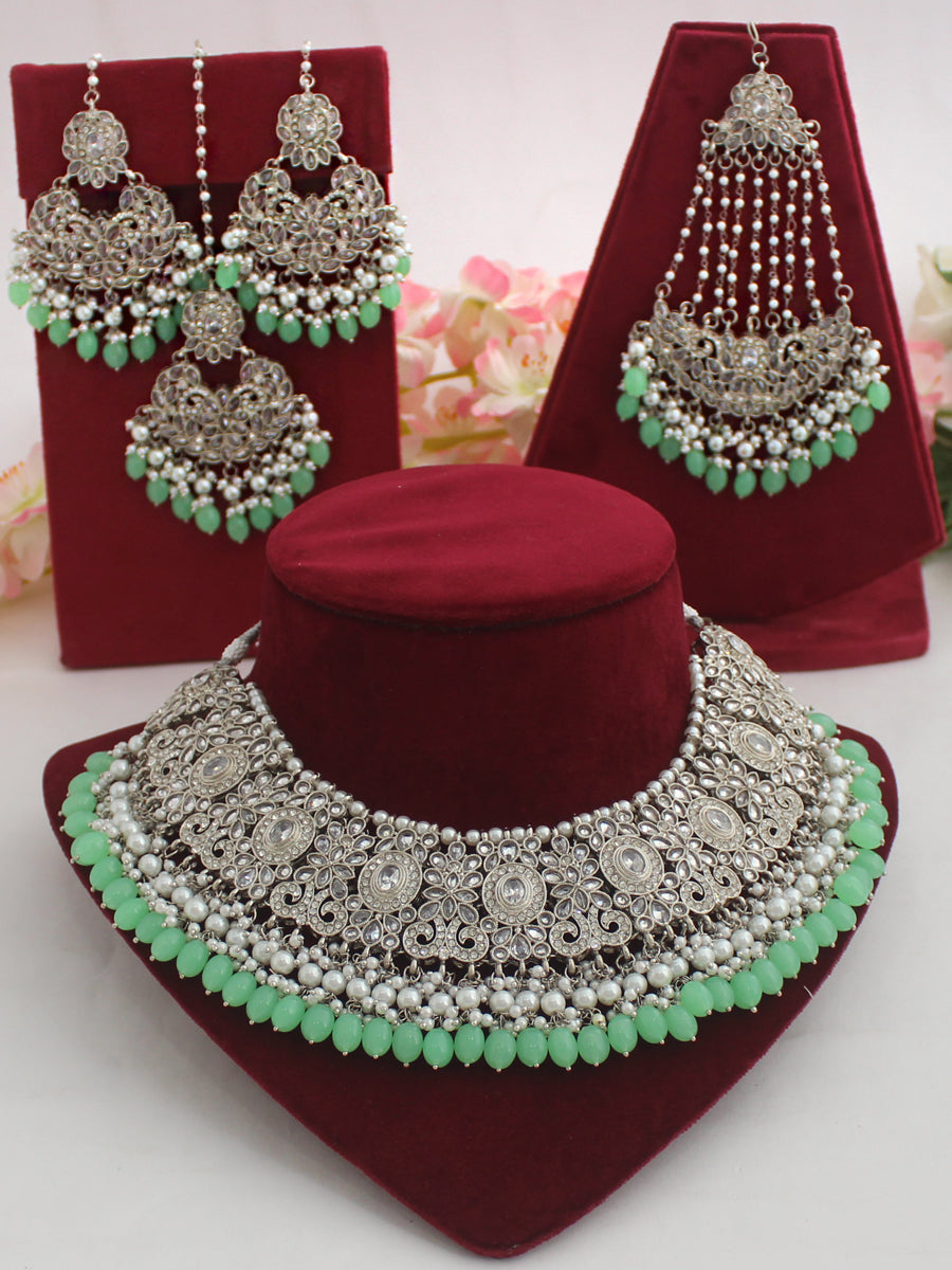 Kashish Necklace Set-Silver/Mint Green