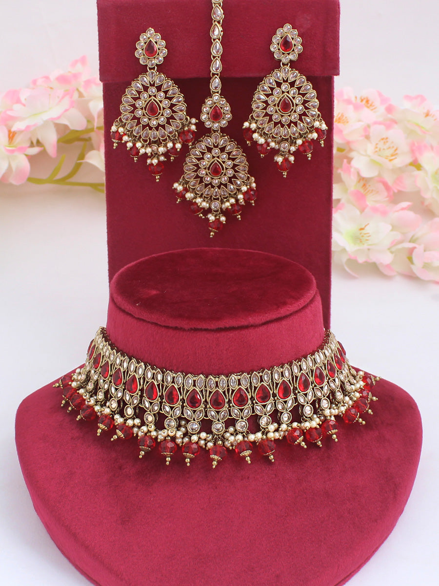 Riyaaz Necklace Set-Golden/Red