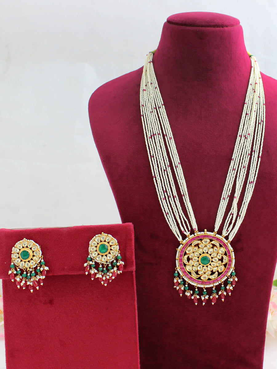 Surbhi Long Necklace Set-Pink / Green