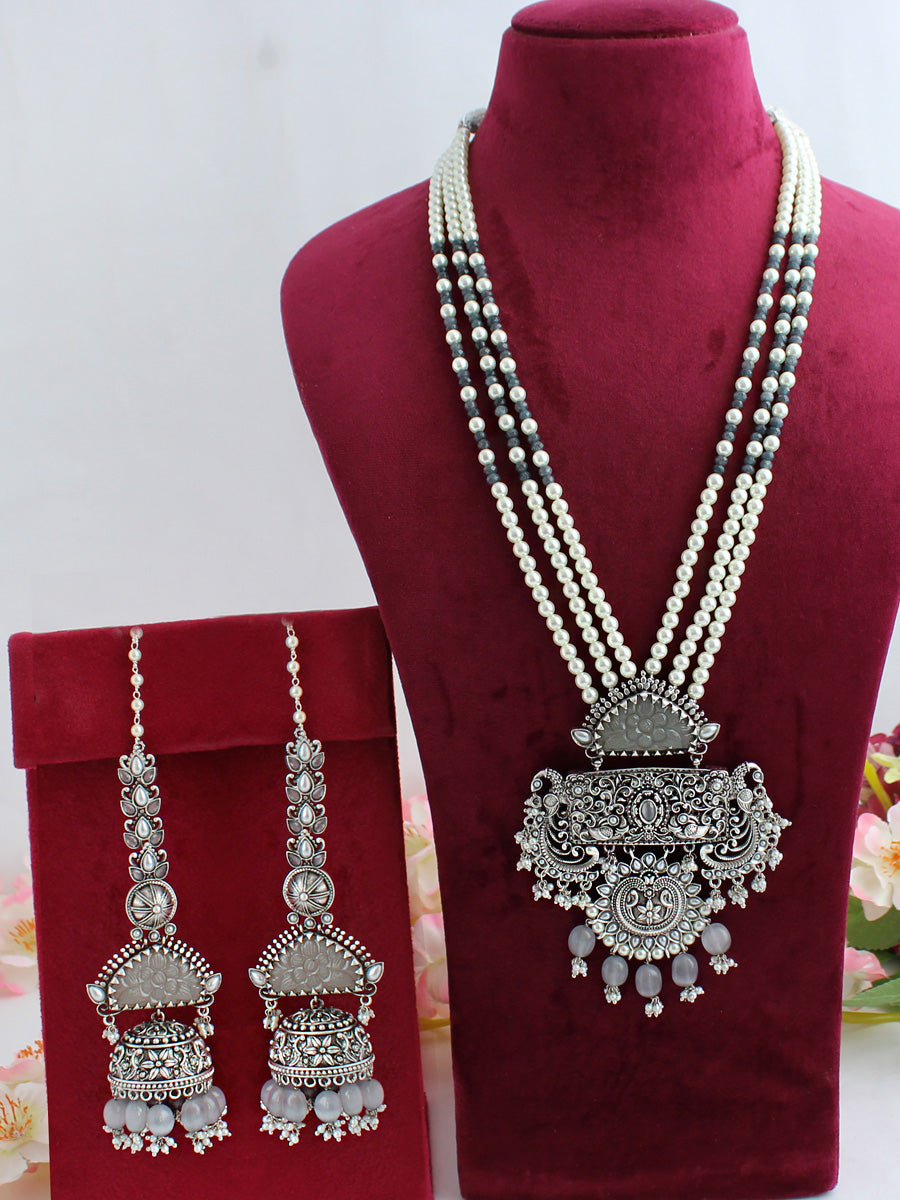 Nandini Necklace Set-Silver/Grey 