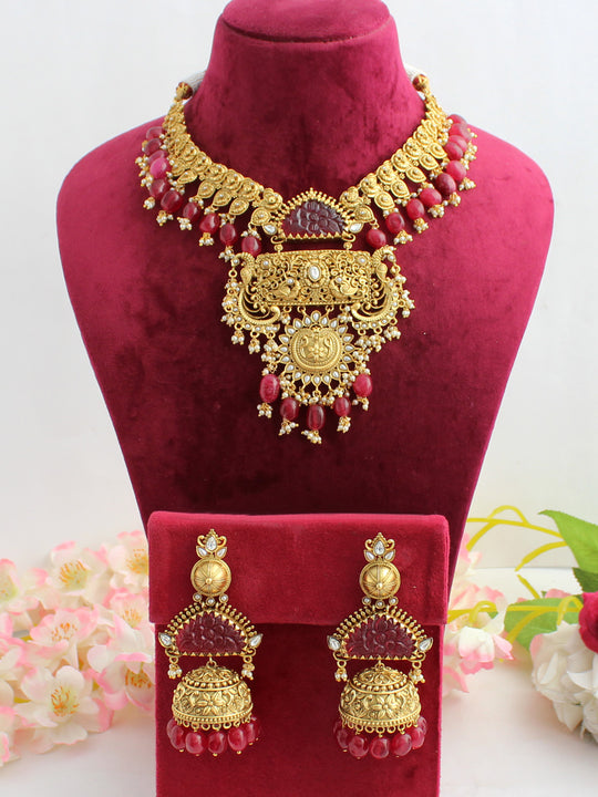 Takshavi Necklace Set-Ruby Pink