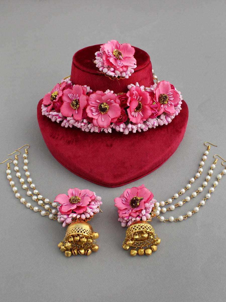 Akansha Floral Necklace Set-Pink
