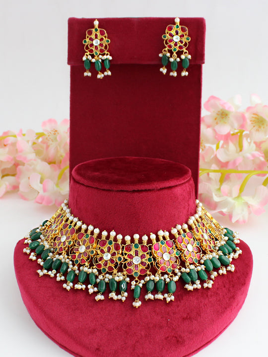 Pratibha Necklace Set-Pink/Green