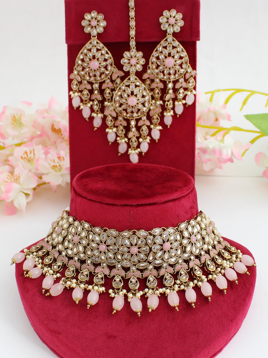 Sonali Necklace Set-Golden/Pastel Pink