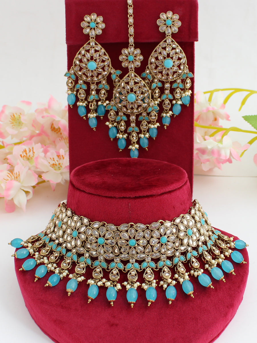 Sonali Necklace Set-Silver-Golden/Aqua