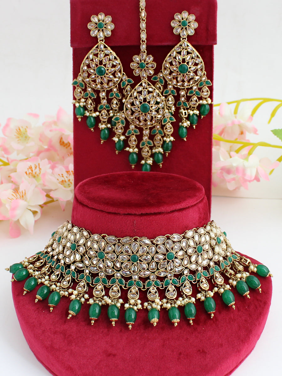 Sonali Necklace Set-Golden/Green
