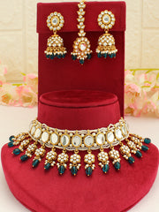 Madiha Kundan Choker Necklace Set-Rama Green