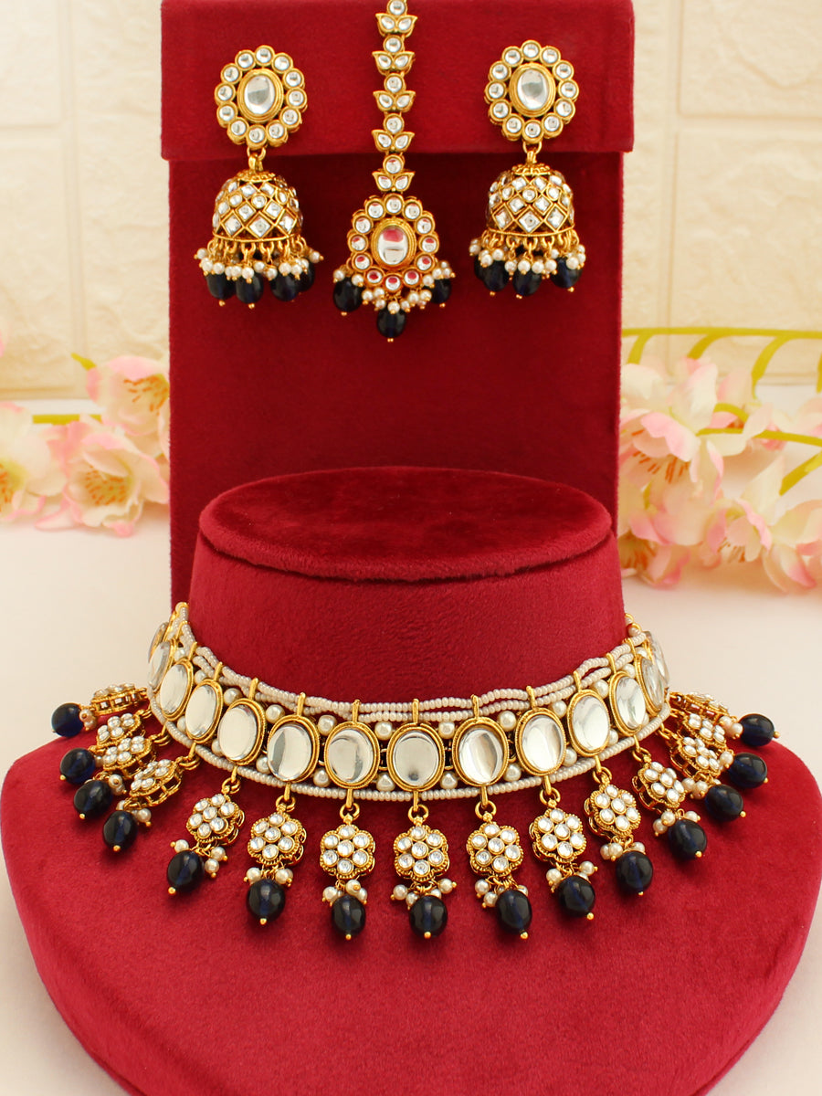 Madiha Kundan Choker Necklace Set-Blue