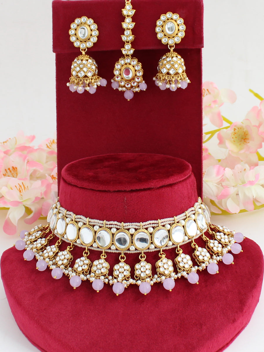 Madiha Kundan Choker Necklace Set-Lavender