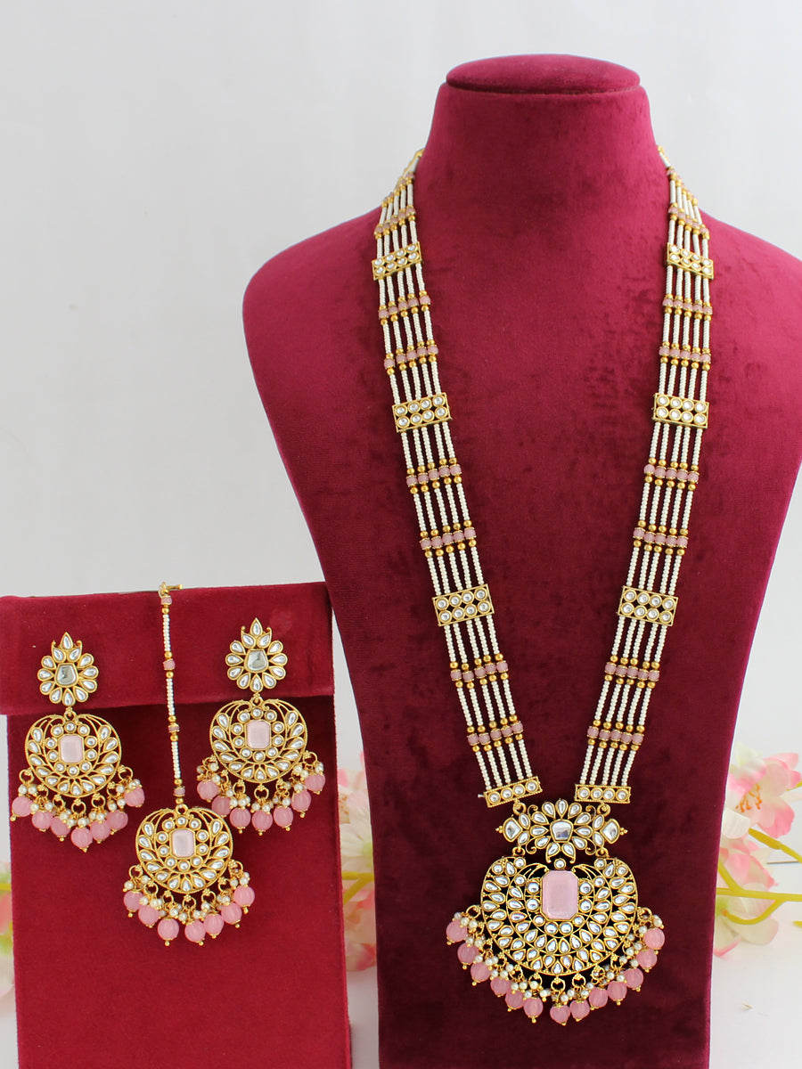 Madiha Long / Ranihaar Necklace Set-Pastel Pink 