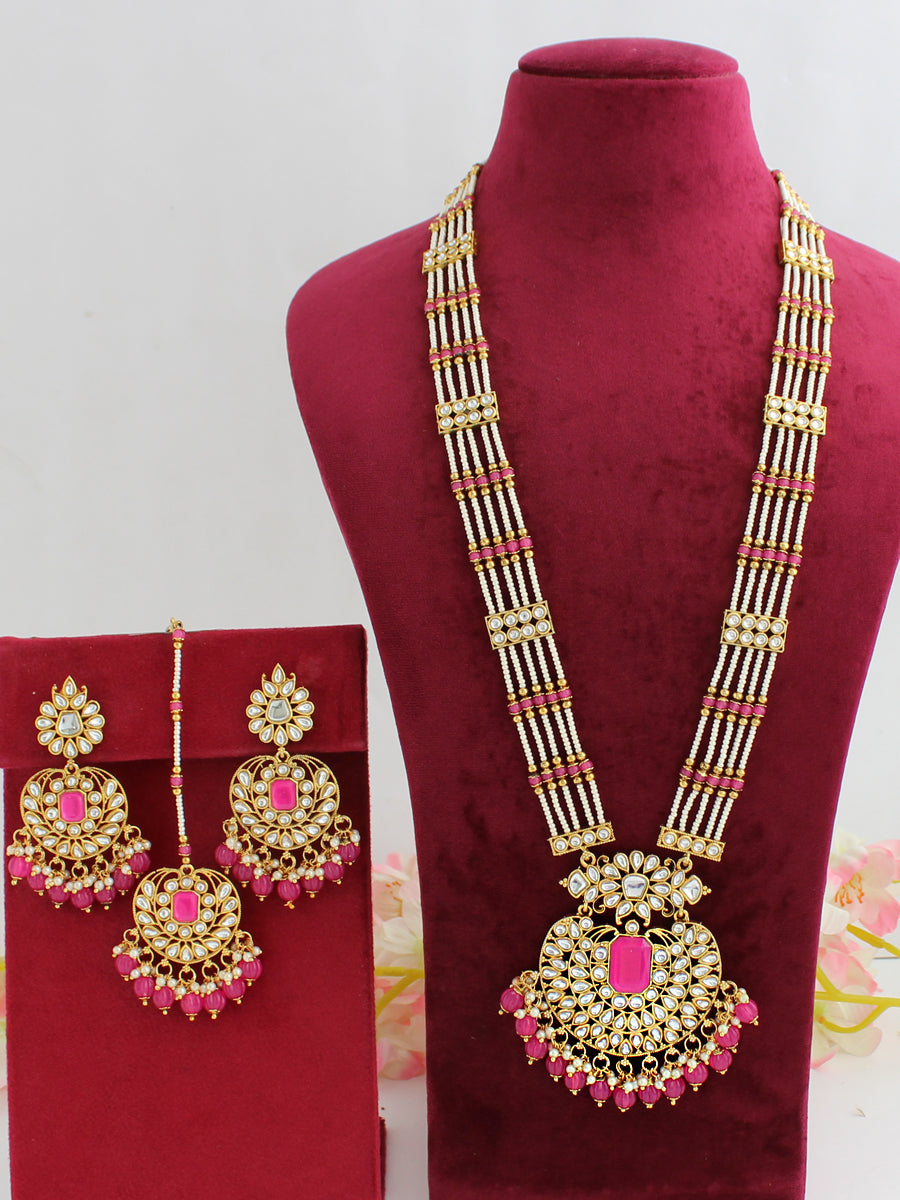 Madiha Long / Ranihaar Necklace Set-Hot Pink 