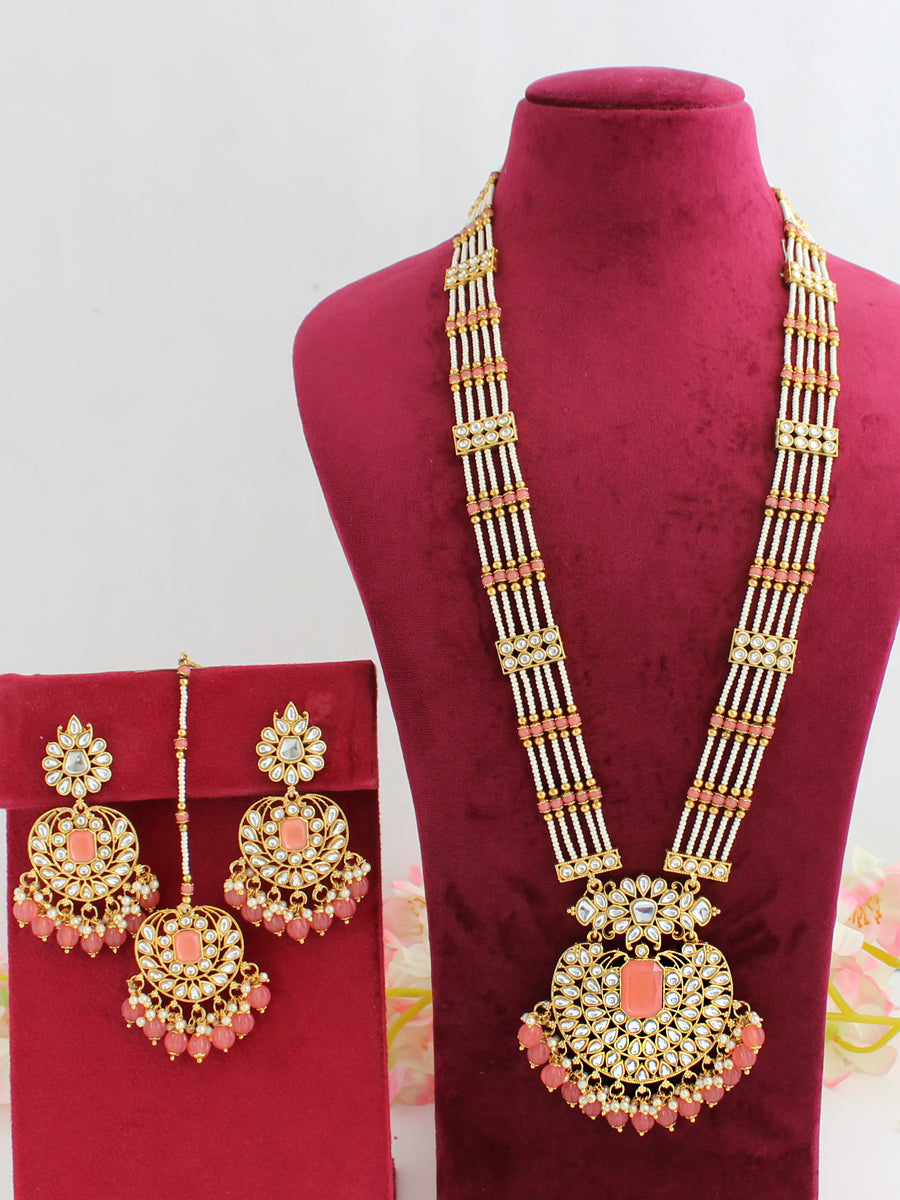 Madiha Long / Ranihaar Necklace Set-Pink